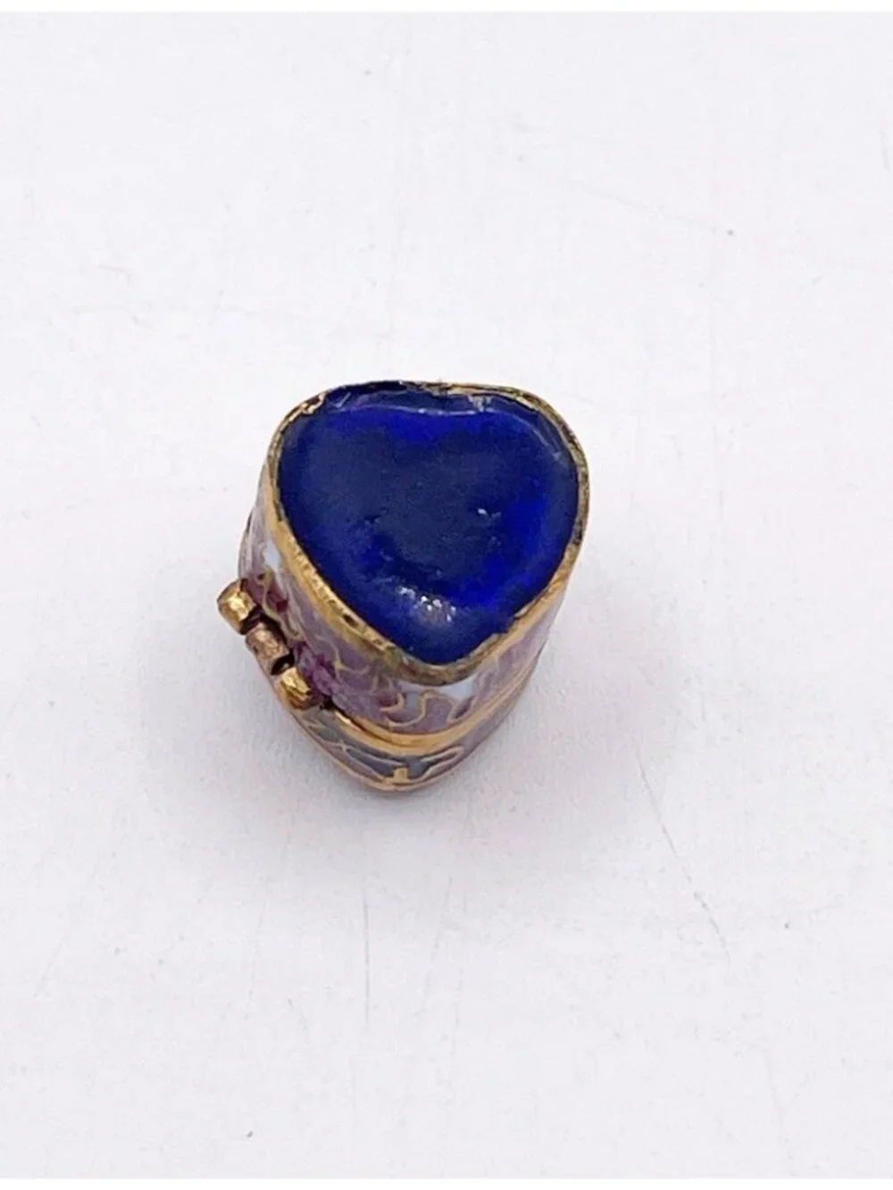 Miniature Cloisonne Enamel Heart Trinket Box Purple Blue Floral Hinged Pill Box